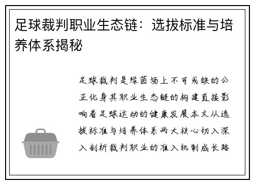 足球裁判职业生态链：选拔标准与培养体系揭秘