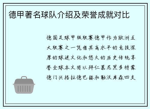 德甲著名球队介绍及荣誉成就对比